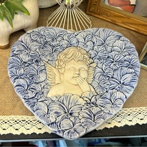 Vintage Heart shaped trinket dish cherub blue Pansies 8" Italian 7597 Angel 3-D
